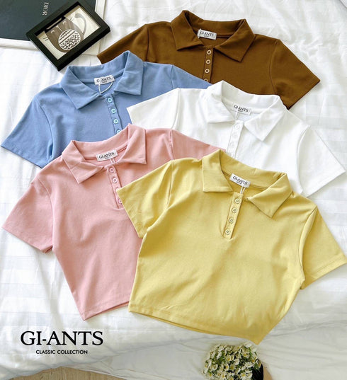 Collar Down Crop Polo Tops